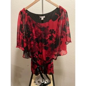 established 1962 Women's Red Black Floral Print Sheer Sleeve Belted Dress XL